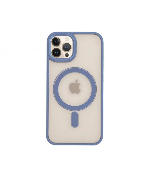 Husa iPhone 13 Pro, Premium MagSafe, Butoane Metalice, Spate Transparent, Rama Albastru Deschis